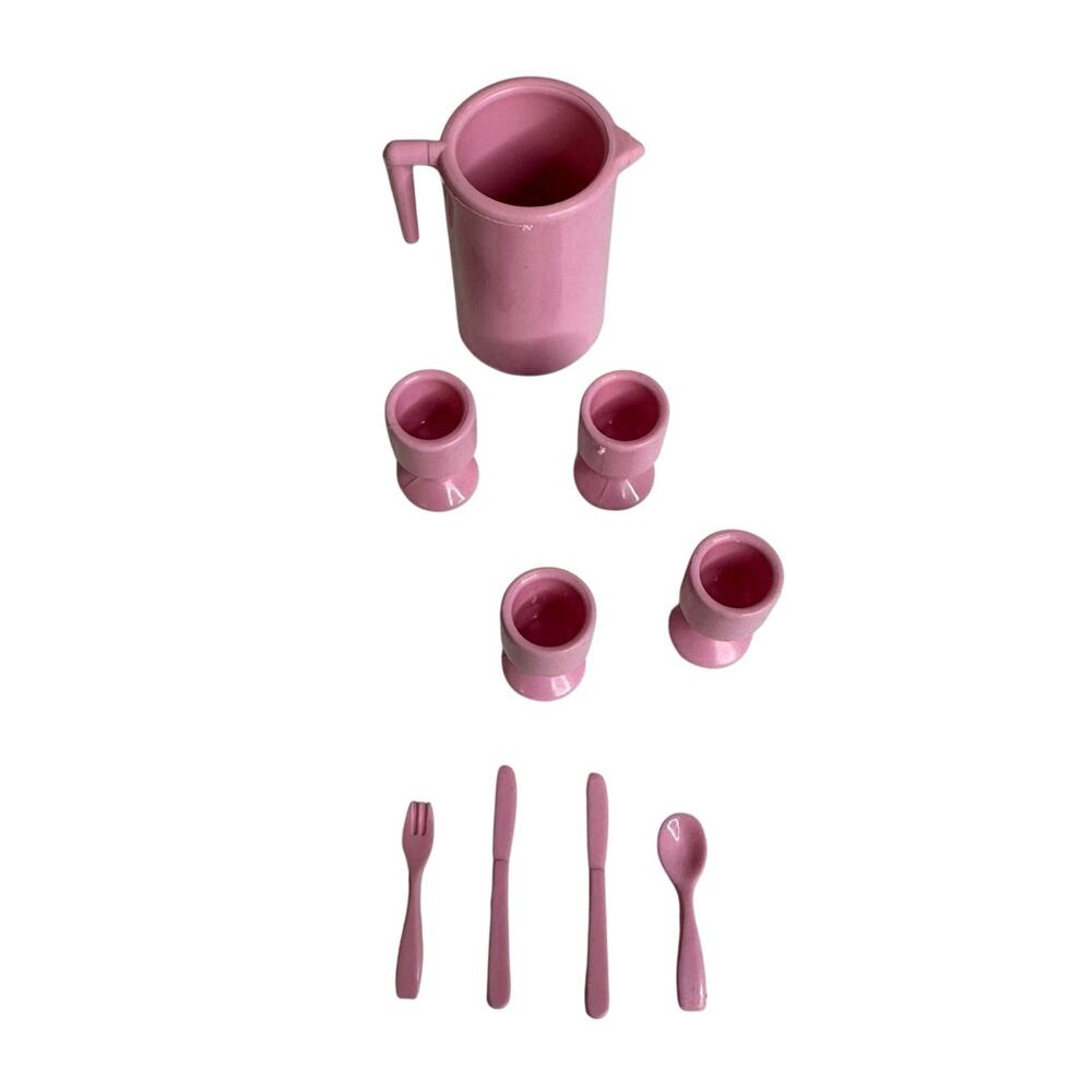 Barbie Doll Dollhouse 9 Pieces Pink Pitcher Glasses Goblets Silverware Vintage